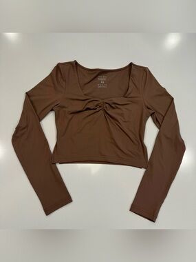 Trendy Queen Crop Top Womens XS Suede Brown Long Sleeve Cinched V Neck Stretch